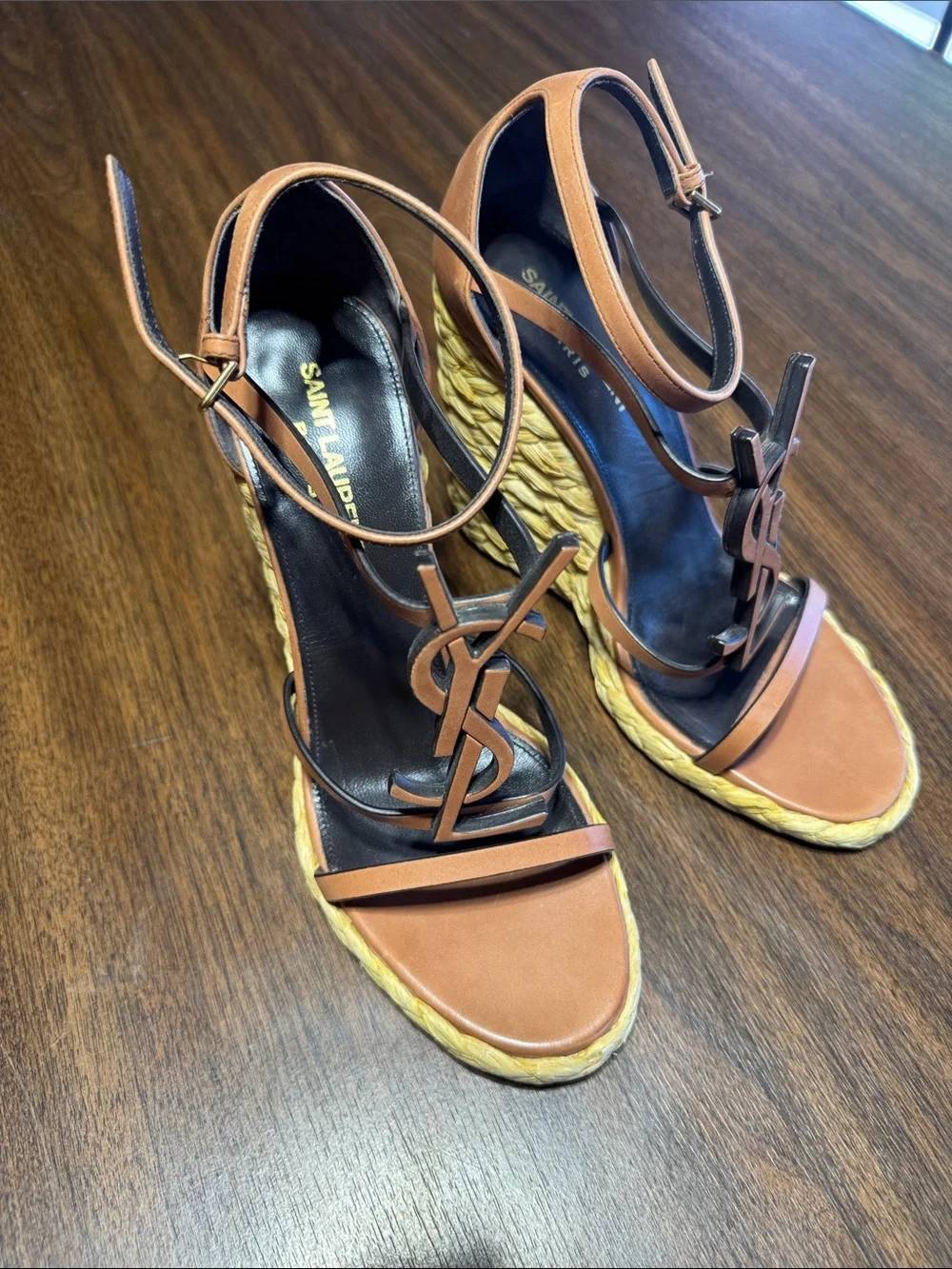 Saint Laurent Brown Leather Wedge Sandals with YSL Monogram